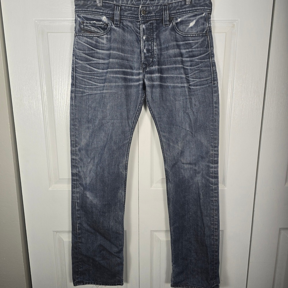 Diesel Industry Men's Straight Leg Blue Medium Wash Whiskered Size 34x32 USA